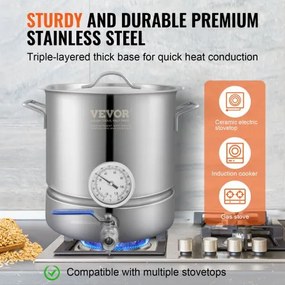 VEVOR Stainless Steel Kettle, 5 GALLON Brewing Pot, Tri Ply Bottom for Beer, Brew Kettle Pot, Home Brewing Supplies Includes Lid, Handle, Thermometer, Ball Valve Spigot, Filter, Filter Tray