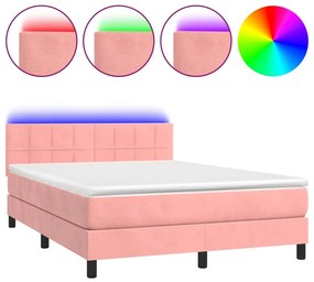 vidaXL Κρεβάτι Boxspring με Στρώμα & LED Ροζ 140x190 εκ. Βελούδινο