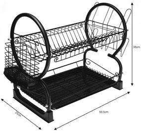 Προϊόν με ανοιχτή συσκευασία: Στεγνωτήριο πιάτων διαθέτει 2 επίπεδα Kinghoff KH 1500, 56,5 cm, Με δίσκο και θήκη για μαχαιροπίρουνα, Μαύρο