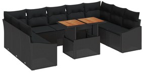 vidaXL Σετ Τραπεζαρίας Κήπου 10 Τεμαχίων με Μαξιλάρια Μαύρο Πολυ Ράτανα Ακακίας