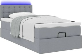 vidaXL Οθωμανικό κρεβάτι με στρώμα &amp; LEDs Ανοιχτό γκρι 90x200cm Ύφασμα