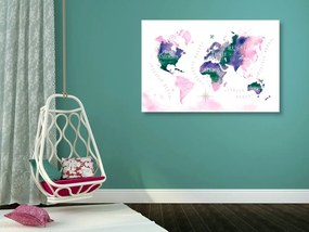 Εικόνα στον παγκόσμιο χάρτη φελλού σε σχέδιο ακουαρέλας - 90x60  wooden