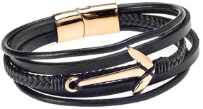 Βραχιόλι Senza Men&#039;s Steel Black Leather Strap Με Χρυσή Άγκυρα