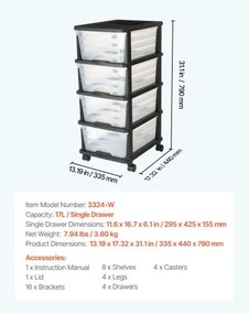 VEVOR Plastic Storage Drawers Cart 4 Drawers Rolling Storage Organizer w/ Wheels