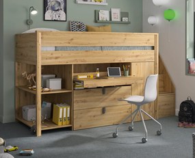 Mael πολυμορφικό υπερυψωμένο κρεβάτι all-in-one με σκάλα, γραφείο, βιβλιοθήκη &amp; ντουλάπα 246x97x138εκ.  Viking brown oak