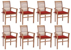Καρέκλες Τραπεζαρίας 8 τεμ. Μασίφ Ξύλο Teak &amp; Κόκκινα Μαξιλάρια - Κόκκινο