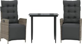 vidaXL Σετ Τραπεζαρίας Κήπου 3 τεμ. Γκρι Συνθ. Ρατάν με Μαξιλάρια