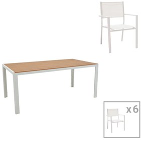 Τραπεζαρία Zacreta-Nares σετ 7τεμ λευκό αλουμίνιο και plywood σε φυσικό χρώμα 180x90x72.5εκ