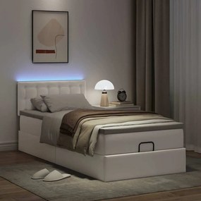vidaXL Οθωμανικό κρεβάτι με στρώματα &amp; LEDs Καθαρό λευκό Faux Leather