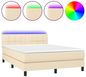 vidaXL Κρεβάτι Boxspring με Στρώμα & LED Κρεμ 140x190 εκ. Υφασμάτινο