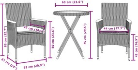 vidaXL Σετ Επίπλων Bistro 3τεμ. Γκρι Συνθ. Ρατάν/Ακακία + Μαξιλάρια