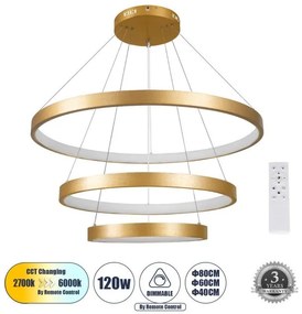 Κρεμαστό Φωτιστικό Οροφής LED 120W 14723lm NEMESIS TRIO Κάθετοι Κύκλοι Globostar-61172-Χρυσό 61172