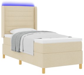 vidaXL Box Spring Bed με Mattress & LED Κρεμ 90x200 εκ. Ύφασμα