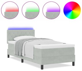vidaXL Κρεβάτι Box Spring με Στρώμα & LED Φως Γκρι 90x200 εκ Βελούδο