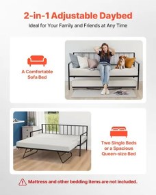 VEVOR Twin Daybed Frame Height Adjustable DayBed w/ Trundle Charging Station LED