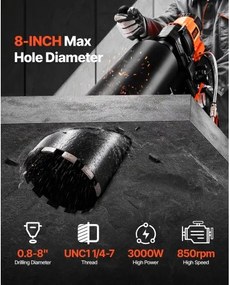 VEVOR Diamond Core Drill Machine Concrete Core Drill Rig with Stand 8 in 3000W