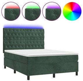 vidaXL Κρεβάτι Boxspring με Στρώμα & LED Σκ. Πράσινο 140x190εκ Βελούδο