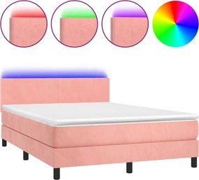 vidaXL Κρεβάτι Boxspring με Στρώμα &amp; LED Ροζ 140x190 εκ. Βελούδινο