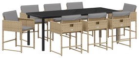 vidaXL 9 Τεμαχίων Σετ Φαγητού Κήπου με Μαξιλάρια Μπεζ Πολυ Ρατάν
