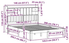 Κρεβάτι Βιβλιοθήκη Χωρίς Στρώμα 140x200 εκ Μασίφ Ξύλο Πεύκο - Λευκό