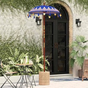 vidaXL Ομπρέλα με Βάση Μπλε, Καφέ 250 cm Βαμβάκι, Ξύλο