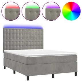 vidaXL Κρεβάτι Boxspring με Στρώμα&LED Αν. Γκρι 140x190 εκ. Βελούδινο