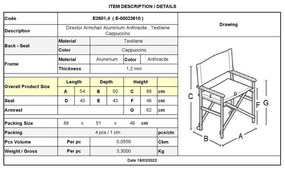 Σκηνοθέτη Πολυθρόνα, Αλουμίνιο Ανθρακί (1,2mm), Textilene Cappuccino, Πτυσσόμενη(2,75kg) 54x43x88cm