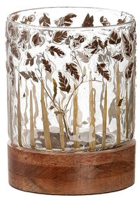 Κηροπήγιο ArteLibre Με Διακόσμηση Φύλλα Διάφανο/Καφέ Γυαλί/Ξύλο 13.5cm