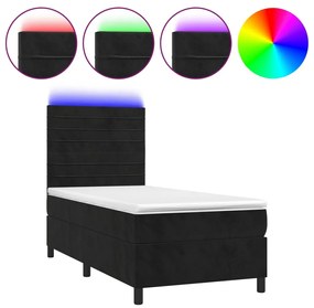 Κρεβάτι Boxspring με Στρώμα &amp; LED Μαύρο 90x200 εκ. Βελούδινο - Μαύρο