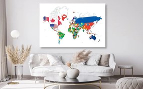 Εικόνα στον παγκόσμιο χάρτη φελλού με σημαίες με λευκό φόντο - 90x60  wooden