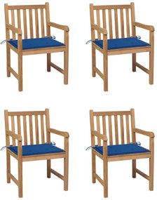 vidaXL Καρέκλες Κήπου 4 τεμ από Μασίφ Ξύλο Teak με Μπλε Ρουά Μαξιλάρια