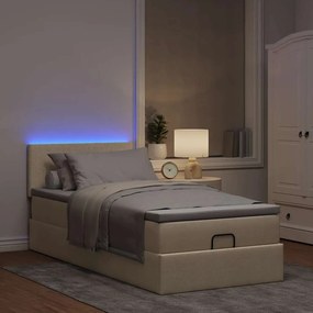 vidaXL Οθωμανικό κρεβάτι με στρώμα &amp; LEDs Cream 90x200 cm Ύφασμα