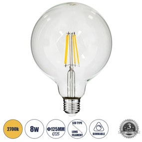 GloboStar® 99013 Λάμπα LED Long Filament E27 G125 Γλόμπος 8W 800lm 360° AC 220-240V IP20 Φ12.5 x Υ18cm Θερμό Λευκό 2700K με Διάφανο Γυαλί - Dimmable - 3 Years Warranty