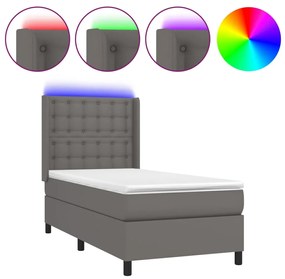 Κρεβάτι Boxspring με Στρώμα &amp; LED Γκρι 100x200 εκ. Συνθ. Δέρμα - Γκρι