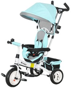 HOMCOM 6-in-1 παιδικό τρίκυκλο με ράβδο ώθησης, κουκούλα, ζώνη, καλάθι αποθήκευσης, για 1-5 ετών, Πράσινο