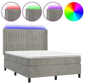 Κρεβάτι Boxspring με Στρώμα &amp; LED Αν.Γκρι 140x200 εκ. Βελούδινο - Γκρι