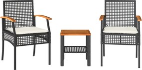 vidaXL Σετ Επίπλων Bistro 3 τεμ. Μαύρο Συνθ. Ρατάν/Ακακία + Μαξιλάρια