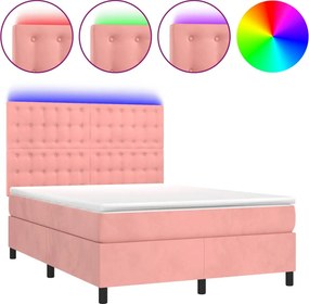 vidaXL Κρεβάτι Boxspring με Στρώμα &amp; LED Ροζ 140x190 εκ. Βελούδινο