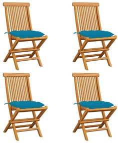 vidaXL Καρέκλες Κήπου 4 τεμ. από Μασίφ Ξύλο Teak με Γαλάζια Μαξιλάρια