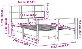 Κρεβάτι Βιβλιοθήκη Χωρίς Στρώμα 140x190 εκ Μασίφ Ξύλο Πεύκου - Καφέ