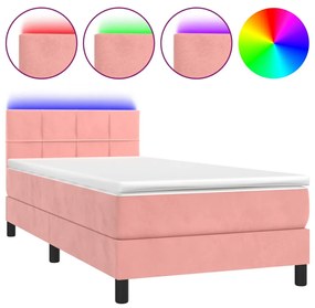 vidaXL Κρεβάτι Boxspring με Στρώμα & LED Ροζ 100x200 εκ. Βελούδινο