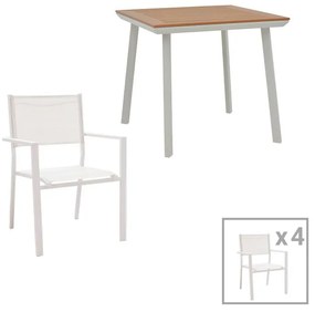 Moly-Synergy dining table set of 5 white aluminum and textilene with plywood in natural color 80x80x74cm 80x80x74 εκ.