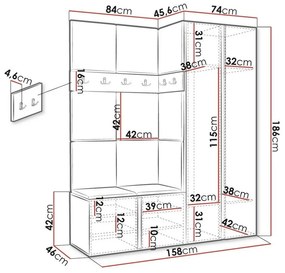 Σετ διαδρόμου Hartford 278, 186x158x46cm, 81 kg, Καθρέφτης, Artisan βελανιδιά, Πλαστικοποιημένη μοριοσανίδα, Ταπισερί, Εντοιχισμένη, Τοίχου