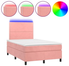 vidaXL Κρεβάτι Boxspring με Στρώμα & LED Ροζ 120x190 εκ. Βελούδινο