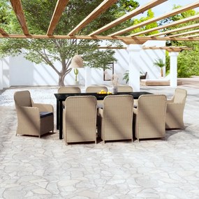 vidaXL Σετ Τραπεζαρίας Κήπου 9 Τεμαχίων Καφέ με Μαξιλάρια