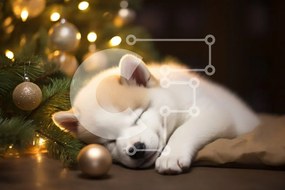 Intra Συλλεκτικό Ξύλινο Παζλ Plywood  4mm - Sleeping Puppy δίπλα στο χριστουγεννιάτικο δέντρο Σε Ξύλινο Κουτί - Διαστάσεις: 10x10 cm – 25 κομμάτια