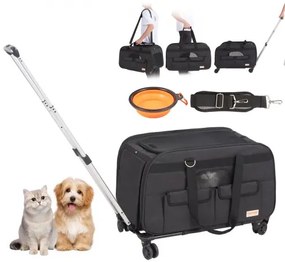 VEVOR Cat Carrier with Wheels, Rolling Pet Carrier with Telescopic Handle and Shoulder Strap, Dog Carrier with Wheels for Pets under 35 lbs, with 1 Folding Bowl, Black