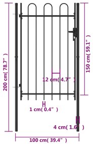 vidaXL Καγκελόπορτα Μονή με Αψιδωτή Κορυφή Μαύρη 1 x 1,5 μ. Ατσάλινη