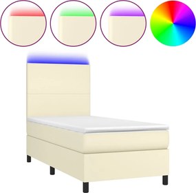 vidaXL Κρεβάτι Boxspring με Στρώμα &amp; LED Κρεμ 90x200 εκ. Συνθ. Δέρμα
