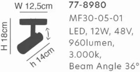 MF30-05-01 MAGNETIC FLEX 48V Spotlight 12W  960Lm 3000K  Beam Angle 36°  Lightings Surface Moun